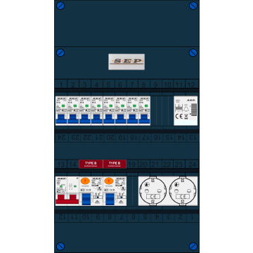Schotman Elektro B.V. - SEP FS40A, 1xHoofdschakelaar, 2xAardlekschakelaar-Type B, 8xinstallatieautomaat, 1xBeltrafo, 2xContactdoos, 1 Fase