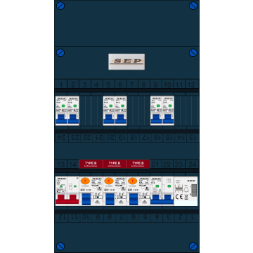 Schotman Elektro B.V. - SEP FS40A, 1xHoofdschakelaar, 3xAardlekschakelaar-Type B, 6xinstallatieautomaat, 1xFornuisgroep, 1xBeltrafo, 1 Fase