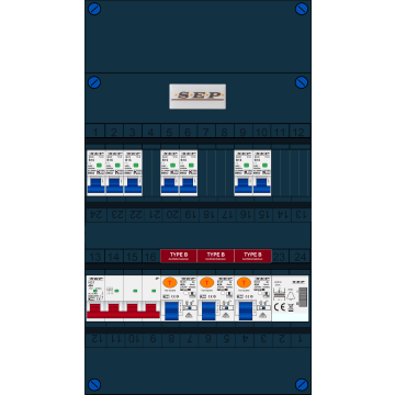 Schotman Elektro B.V. - SEP FS40A, 1xHoofdschakelaar, 3xAardlekschakelaar-Type B, 7xinstallatieautomaat, 1xBeltrafo, 3 Fase