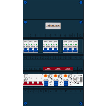 Schotman Elektro B.V. - SEP FS40A, 1xHoofdschakelaar, 3xAardlekschakelaar-Type B, 9xinstallatieautomaat, 1xBeltrafo, 3 Fase