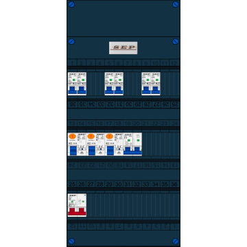 Schotman Elektro B.V. - SEP FS40A, Hoofdschakelaar, 3x Aardlekschakelaar, 6x Installatieautomaat, 1x Kookgroep 1 fase