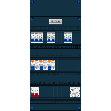 Schotman Elektro B.V. - SEP FS40A, Hoofdschakelaar, 3x Aardlekschakelaar, 7x Installatieautomaat, 1x Wandcontactdoos 1 fase