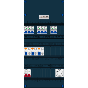 Schotman Elektro B.V. - SEP FS40A, Hoofdschakelaar, 3x Aardlekschakelaar, 8x Installatieautomaat, 1x Wandcontactdoos 1 fase