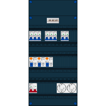 Schotman Elektro B.V. - SEP FS40A, Hoofdschakelaar, 3x Aardlekschakelaar, 8x Installatieautomaat, 2x Wandcontactdoos 1 fase