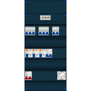 Schotman Elektro B.V. - SEP FS40A, Hoofdschakelaar, 3x Aardlekschakelaar, 8x Installatieautomaat, 1x Kookgroep, 1x Wandcontactdoos 1 fase