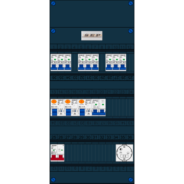 Schotman Elektro B.V. - SEP FS40A, Hoofdschakelaar, 3x Aardlekschakelaar, 9x Installatieautomaat, 1x Kookgroep, 1x Wandcontactdoos 1 fase