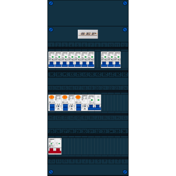 Schotman Elektro B.V. - SEP FS40A, Hoofdschakelaar, 3x Aardlekschakelaar, 10x Installatieautomaat, 1x Kookgroep 1 fase