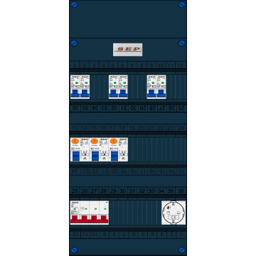 Schotman Elektro B.V. - SEP FS40A, Hoofdschakelaar, 3x Aardlekschakelaar, 6x Installatieautomaat, 1x Wandcontactdoos 3 fase