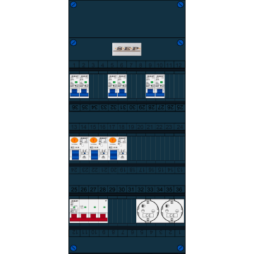 Schotman Elektro B.V. - SEP FS40A, Hoofdschakelaar, 3x Aardlekschakelaar, 6x Installatieautomaat, 2x Wandcontactdoos 3 fase