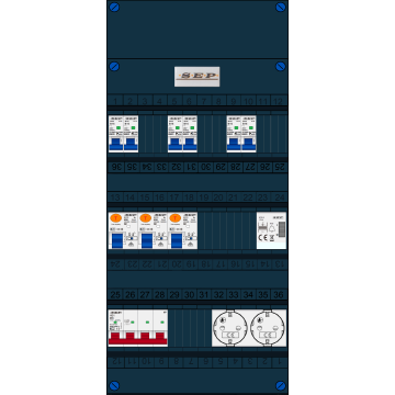 Schotman Elektro B.V. - SEP FS40A, Hoofdschakelaar, 3x Aardlekschakelaar, 6x Installatieautomaat, 1x Beltrafo, 2x Wandcontactdoos 3 fase