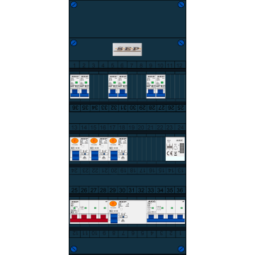 Schotman Elektro B.V. - SEP FS40A, Hoofdschakelaar, 4x Aardlekschakelaar, 6x Installatieautomaat, 1x kracht installatieautomaat, 1x Beltrafo 3 fase