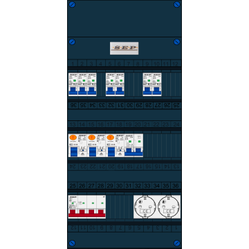Schotman Elektro B.V. - SEP FS40A, Hoofdschakelaar, 3x Aardlekschakelaar, 7x Installatieautomaat, 1x Kookgroep, 2x Wandcontactdoos 3 fase