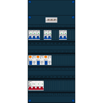 Schotman Elektro B.V. - SEP FS40A, Hoofdschakelaar, 3x Aardlekschakelaar, 7x Installatieautomaat 3 fase