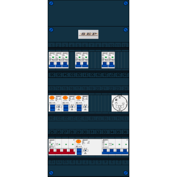 Schotman Elektro B.V. - SEP FS40A, Hoofdschakelaar, 4x Aardlekschakelaar, 7x Installatieautomaat, 1x kracht installatieautomaat, 1x Wandcontactdoos 3 fase