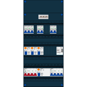 Schotman Elektro B.V. - SEP FS40A, Hoofdschakelaar, 4x Aardlekschakelaar, 7x Installatieautomaat, 1x kracht installatieautomaat, 1x Beltrafo 3 fase