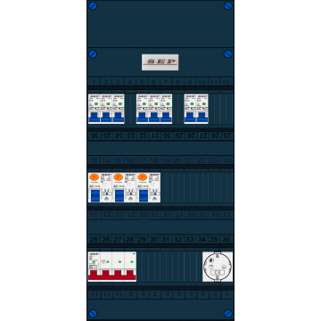 Schotman Elektro B.V. - SEP FS40A, Hoofdschakelaar, 3x Aardlekschakelaar, 8x Installatieautomaat, 1x Wandcontactdoos 3 fase