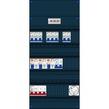 Schotman Elektro B.V. - SEP FS40A, Hoofdschakelaar, 3x Aardlekschakelaar, 8x Installatieautomaat, 1x Kookgroep, 1x Wandcontactdoos 3 fase
