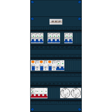 Schotman Elektro B.V. - SEP FS40A, Hoofdschakelaar, 3x Aardlekschakelaar, 8x Installatieautomaat, 1x Kookgroep, 2x Wandcontactdoos 3 fase
