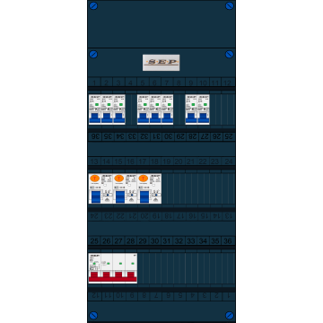 Schotman Elektro B.V. - SEP FS40A, Hoofdschakelaar, 3x Aardlekschakelaar, 8x Installatieautomaat 3 fase