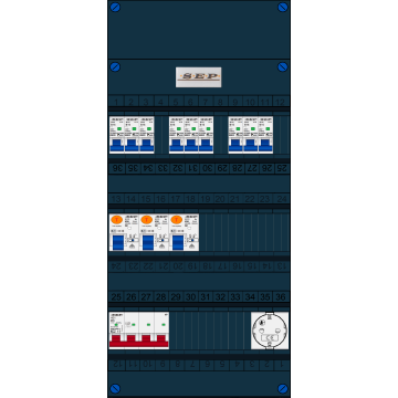 Schotman Elektro B.V. - SEP FS40A, Hoofdschakelaar, 3x Aardlekschakelaar, 9x Installatieautomaat, 1x Wandcontactdoos 3 fase