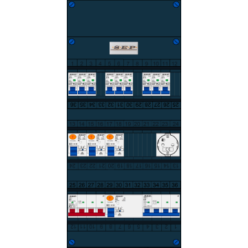 Schotman Elektro B.V. - SEP FS40A, Hoofdschakelaar, 4x Aardlekschakelaar, 9x Installatieautomaat, 1x kracht installatieautomaat, 1x Wandcontactdoos 3 fase