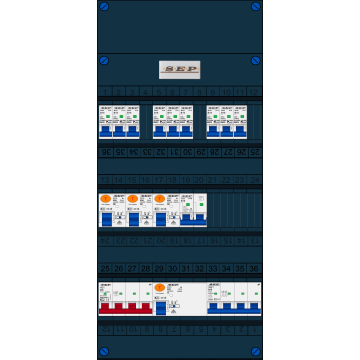 Schotman Elektro B.V. - SEP FS40A, Hoofdschakelaar, 4x Aardlekschakelaar, 9x Installatieautomaat, 1x kracht installatieautomaat, 1x kookgroep 3 fase