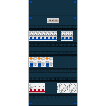 Schotman Elektro B.V. - SEP FS40A, Hoofdschakelaar, 3x Aardlekschakelaar, 10x Installatieautomaat, 2x Wandcontactdoos 3 fase