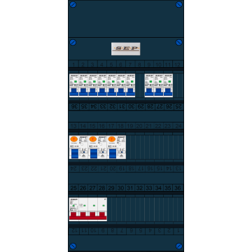 Schotman Elektro B.V. - SEP FS40A, Hoofdschakelaar, 3x Aardlekschakelaar, 10x Installatieautomaat 3 fase