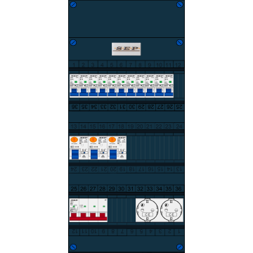 Schotman Elektro B.V. - SEP FS40A, Hoofdschakelaar, 3x Aardlekschakelaar, 11x Installatieautomaat, 2x Wandcontactdoos 3 fase