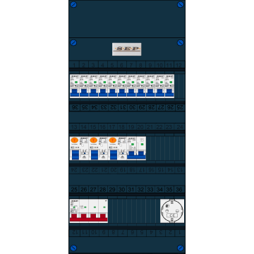 Schotman Elektro B.V. - SEP FS40A, Hoofdschakelaar, 3x Aardlekschakelaar, 11x Installatieautomaat, 1x Kookgroep, 1x Wandcontactdoos 3 fase