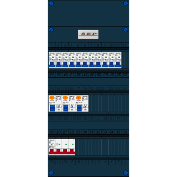 Schotman Elektro B.V. - SEP FS40A, Hoofdschakelaar, 3x Aardlekschakelaar, 11x Installatieautomaat 3 fase