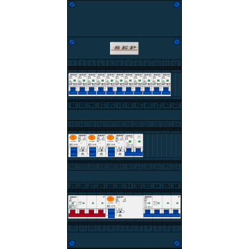 Schotman Elektro B.V. - SEP FS40A, Hoofdschakelaar, 4x Aardlekschakelaar, 11x Installatieautomaat, 1x kracht installatieautomaat, 1x kookgroep 3 fase