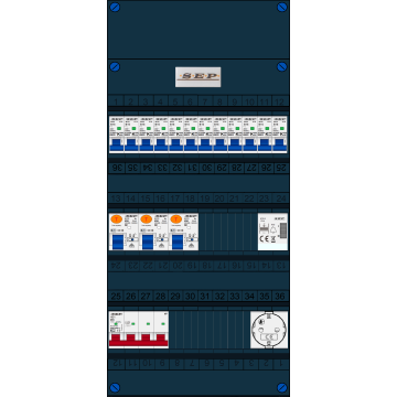 Schotman Elektro B.V. - SEP FS40A, Hoofdschakelaar, 3x Aardlekschakelaar, 12x Installatieautomaat, 1x Beltrafo, 1x Wandcontactdoos 3 fase