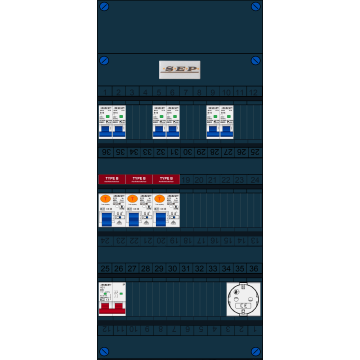 Schotman Elektro B.V. - SEP FS40A, 1xHoofdschakelaar, 3xAardlekschakelaar-Type B, 6xinstallatieautomaat, 1xContactdoos, 1 Fase