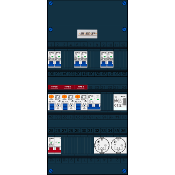 Schotman Elektro B.V. - SEP FS40A, 1xHoofdschakelaar, 3xAardlekschakelaar-Type B, 6xinstallatieautomaat, 1xFornuisgroep, 1xBeltrafo, 2xContactdoos, 1 Fase