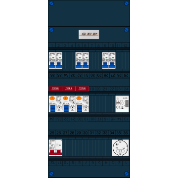 Schotman Elektro B.V. - SEP FS40A, 1xHoofdschakelaar, 3xAardlekschakelaar-Type B, 6xinstallatieautomaat, 1xBeltrafo, 1xContactdoos, 1 Fase