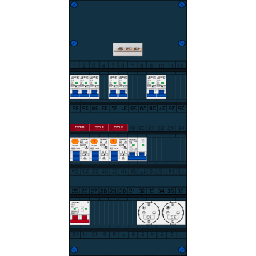 Schotman Elektro B.V. - SEP FS40A, 1xHoofdschakelaar, 3xAardlekschakelaar-Type B, 7xinstallatieautomaat, 1xFornuisgroep, 2xContactdoos, 1 Fase