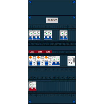 Schotman Elektro B.V. - SEP FS40A, 1xHoofdschakelaar, 3xAardlekschakelaar-Type B, 7xinstallatieautomaat, 1xFornuisgroep, 1xBeltrafo, 1 Fase