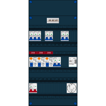 Schotman Elektro B.V. - SEP FS40A, 1xHoofdschakelaar, 3xAardlekschakelaar-Type B, 7xinstallatieautomaat, 1xFornuisgroep, 1xBeltrafo, 1xContactdoos, 1 Fase