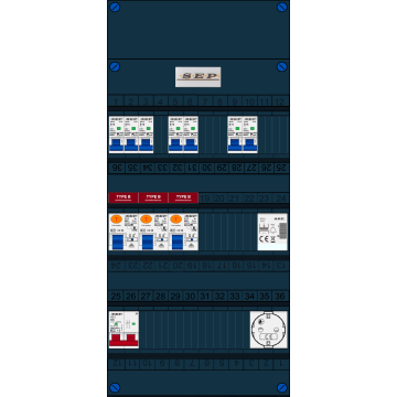 Schotman Elektro B.V. - SEP FS40A, 1xHoofdschakelaar, 3xAardlekschakelaar-Type B, 7xinstallatieautomaat, 1xBeltrafo, 1xContactdoos, 1 Fase