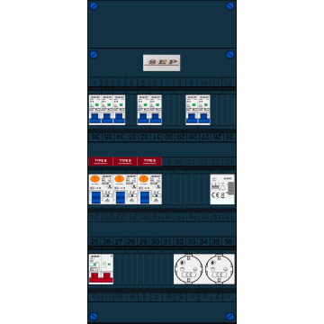 Schotman Elektro B.V. - SEP FS40A, 1xHoofdschakelaar, 3xAardlekschakelaar-Type B, 7xinstallatieautomaat, 1xBeltrafo, 2xContactdoos, 1 Fase