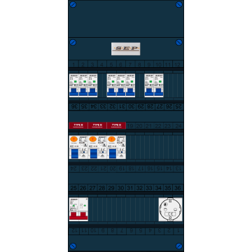 Schotman Elektro B.V. - SEP FS40A, 1xHoofdschakelaar, 3xAardlekschakelaar-Type B, 8xinstallatieautomaat, 1xContactdoos, 1 Fase