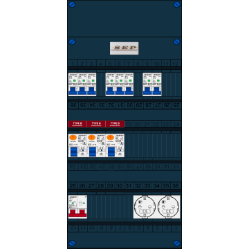 Schotman Elektro B.V. - SEP FS40A, 1xHoofdschakelaar, 3xAardlekschakelaar-Type B, 8xinstallatieautomaat, 2xContactdoos, 1 Fase