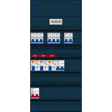 Schotman Elektro B.V. - SEP FS40A, 1xHoofdschakelaar, 3xAardlekschakelaar-Type B, 8xinstallatieautomaat, 1xFornuisgroep, 1 Fase