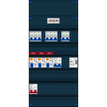 Schotman Elektro B.V. - SEP FS40A, 1xHoofdschakelaar, 3xAardlekschakelaar-Type B, 8xinstallatieautomaat, 1xFornuisgroep, 1xBeltrafo, 1 Fase