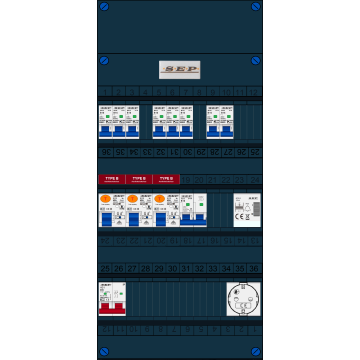 Schotman Elektro B.V. - SEP FS40A, 1xHoofdschakelaar, 3xAardlekschakelaar-Type B, 8xinstallatieautomaat, 1xFornuisgroep, 1xBeltrafo, 1xContactdoos, 1 Fase