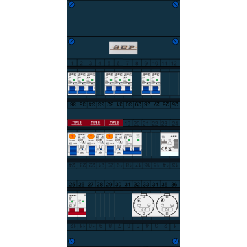 Schotman Elektro B.V. - SEP FS40A, 1xHoofdschakelaar, 3xAardlekschakelaar-Type B, 8xinstallatieautomaat, 1xFornuisgroep, 1xBeltrafo, 2xContactdoos, 1 Fase