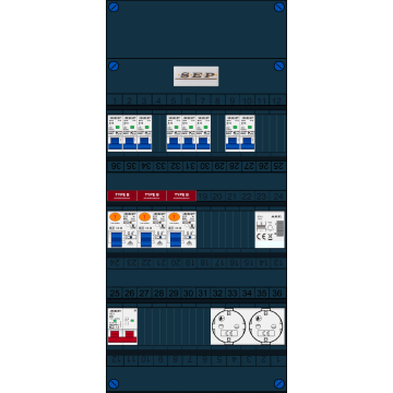 Schotman Elektro B.V. - SEP FS40A, 1xHoofdschakelaar, 3xAardlekschakelaar-Type B, 8xinstallatieautomaat, 1xBeltrafo, 2xContactdoos, 1 Fase
