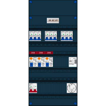 Schotman Elektro B.V. - SEP FS40A, 1xHoofdschakelaar, 3xAardlekschakelaar-Type B, 9xinstallatieautomaat, 1xBeltrafo, 1xContactdoos, 1 Fase