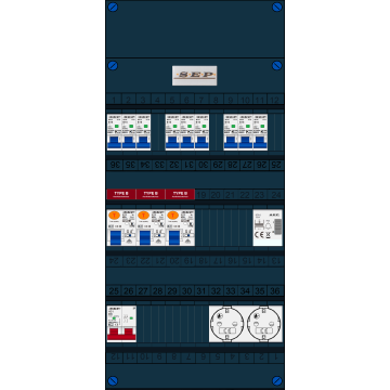 Schotman Elektro B.V. - SEP FS40A, 1xHoofdschakelaar, 3xAardlekschakelaar-Type B, 9xinstallatieautomaat, 1xBeltrafo, 2xContactdoos, 1 Fase
